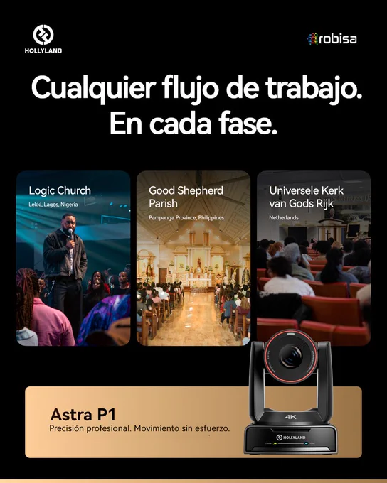 Composición con tres escenas de iglesias con público y presentaciones en distintos países, con texto ‘Cualquier flujo de trabajo. En cada fase’ y nombres de ubicaciones, junto a la cámara Astra P1 en la parte inferior.