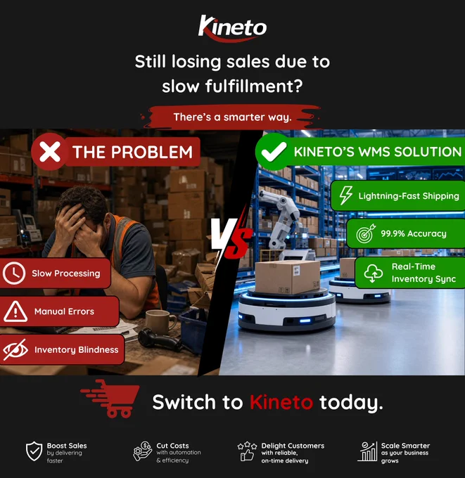 Kineto promotional graphic comparing traditional fulfillment challenges with automated fulfillment solutions. The left side shows warehouse inefficiencies including slow processing, manual errors, and inventory blindness. The right side highlights Kineto's solution with lightning-fast shipping, 99.9% accuracy, and real-time inventory synchronization in an automated warehouse environment. The graphic encourages businesses to switch to Kineto to improve efficiency, reduce costs, enhance customer satisfaction, and support business growth.