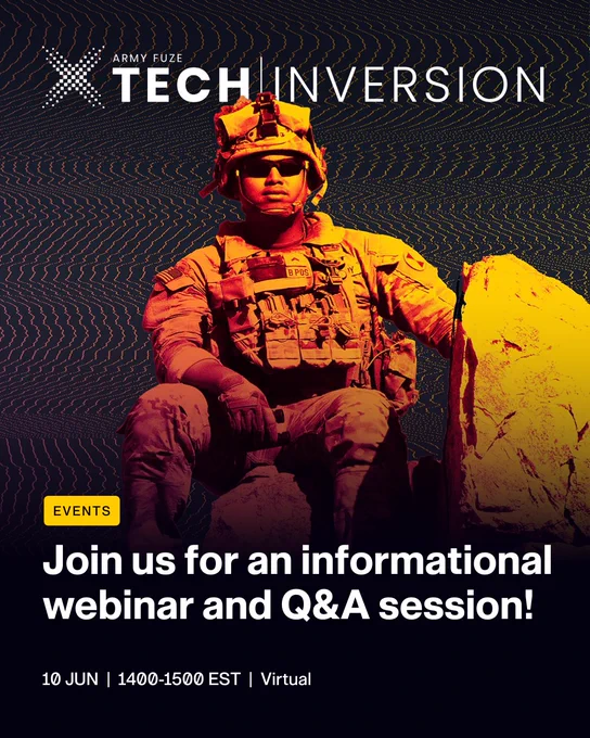 xTech Inversion logo on top of a background with soldier color graded to orange and yellow. The text says events, Join us for an informational webinar and Q&A session. 