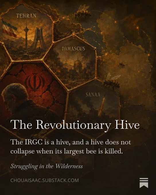 AI Generated Image: The IRGC as a hexagonal hive — Tehran, Beirut, Damascus, Baghdad, Sanaa, Gaza, and Ahvaz as connected cells, Qasem Soleimani at the center. A colony that does not collapse when its largest bee is killed.