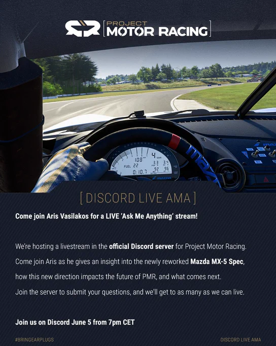 Come join Aris Vasilakos for a LIVE 'Ask Me Anything' stream!

We're hosting a livestream in the official Discord server for Project Motor Racing.

Come watch Aris give a technical insight into how to extract the most out of the Mazda MX-5 Spec around Lime Rock Park, and improve your ranking. Join the server to submit your questions, and we'll answer them live.

Join us on Discord June 5 from 7pm CTE