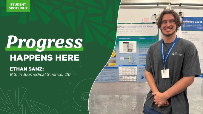 Photo of UWF student wearing color-gray t-shirt in front of research board. Graphic: Graphic of color-green left-side bar with color-dark green triangles and color-white outline of triangles and nautilus shell. Text: 1 Phenylacetylide Synthesis Route. A Timothy Royappa. Hal Marcus College of Science and Engineering. University of West Florida. Synthesis. Progress. Happens Here. Ethan Sanz. B.S. Biomedical Science. ’26.