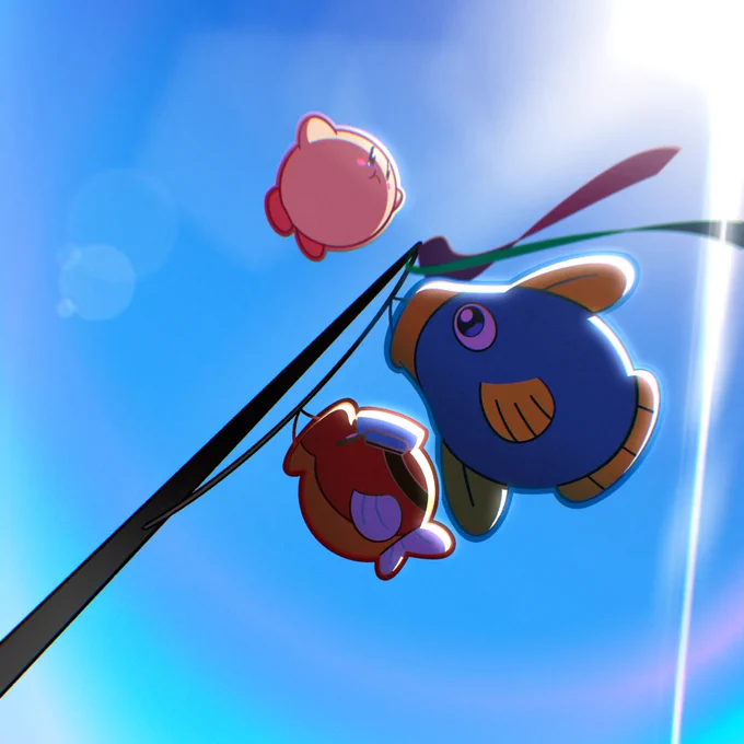 A digital drawing featuring Kirby from the video game series of the same name by HAL. Kirby is a spherical pink character with large stubs for hands and feet, flying high in a blue sky some distance away from the camera as it looks up towards a pole where two Japanese carp streamers and two orinary streamers, one red and one green, are blowing in the wind. The larger carp streamer resembles the sunfish "Kine" from the Kirbys series, who is circular and blue with yellow fins and lips, whereas the lower carp streamer resembles a "Blipper" character which is a spherical red and yellow fish with swimming goggles atop its eyes. The sun shines brightly from the top right, creating a slight green and purple halo effect which curves upwards at the bottom of the image