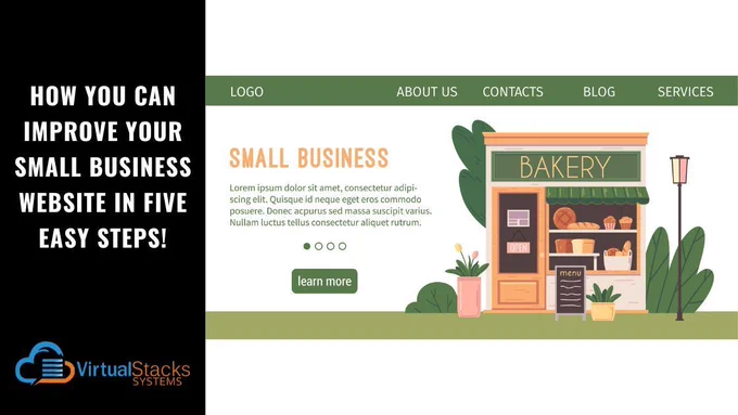 Illustration of a website home page for a bakery; Virtual Stacks Systems logo.