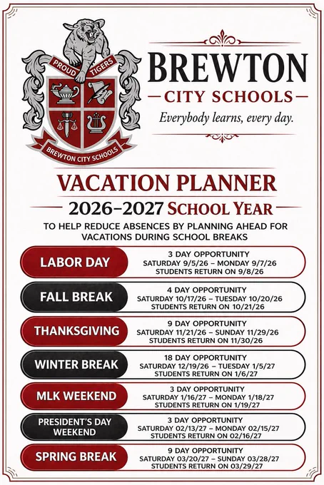 To help reduce absences, here is a vacation planner idea from BCS with our school breaks for the upcoming 2026-27 school year. 