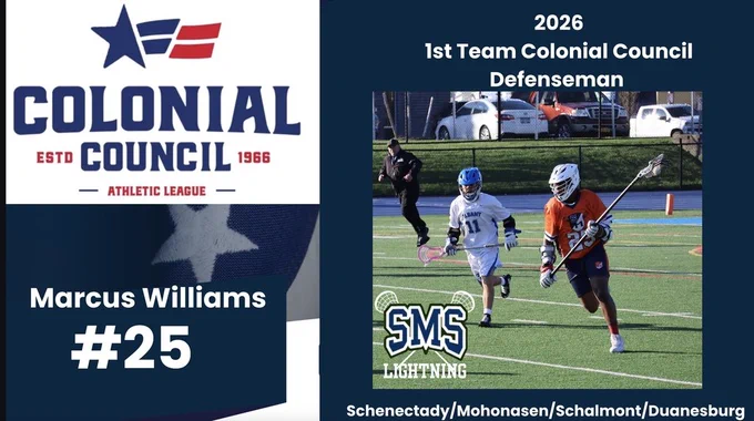 Graphic:  Congratulations to Marcus Williams who was voted tto the First Team Colonial Council as a defenseman for the 2026 lacrosse season