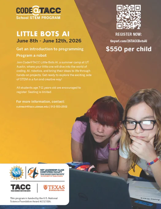 A flyer shows two young students looking at a computer screen. Also on the flyer are the dates for the camp (June 8-12), cost ($550 per child), and a QR code to register.