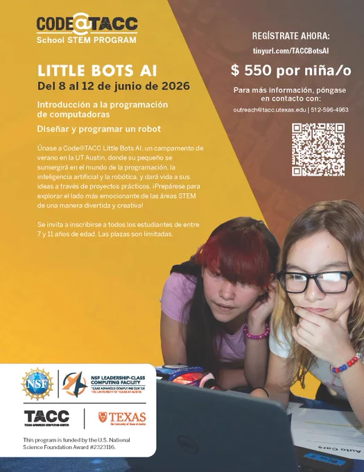 A flyer written for Spanish speakers shows two young students looking at a computer screen. Also written in Spanish on the flyer are the dates for the camp (June 8-12), cost ($550 per child), and a QR code to register.