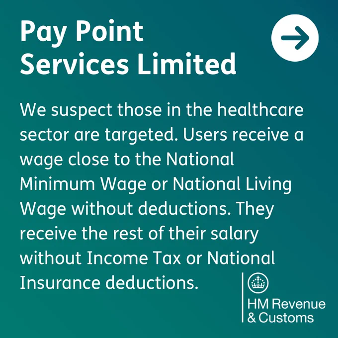 Informational graphic from HM Revenue & Customs. It warns that Pay Point Services Limited targets healthcare workers, paying near the National Minimum or Living Wage without deductions, and the remainder without Income Tax or National Insurance deductions.