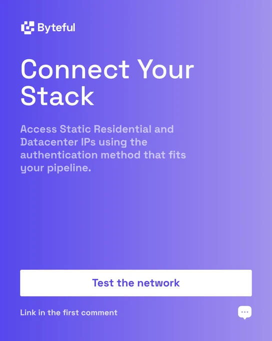 Byteful CTA slide titled "Connect Your Stack." Body text reads: "Access Static Residential and Datacenter IPs using the authentication method that fits your pipeline." A large white button at the bottom reads "Test the network." Below the button, text reads "Link in the first comment."