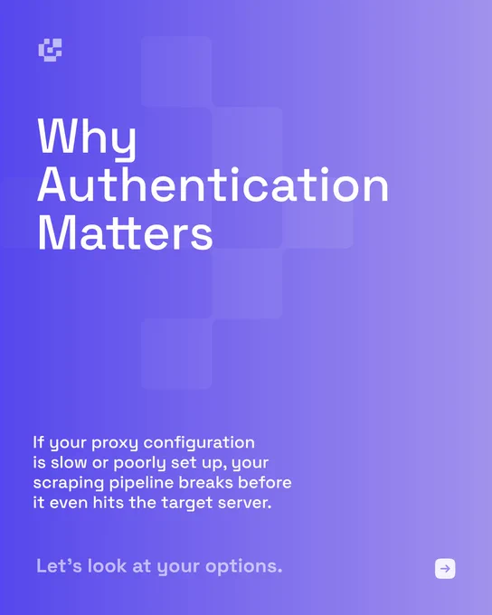 Byteful carousel slide titled "Why Authentication Matters." Body text reads: "If your proxy configuration is slow or poorly set up, your scraping pipeline breaks before it even hits the target server." Below, in lighter text: "Let's look at your options."