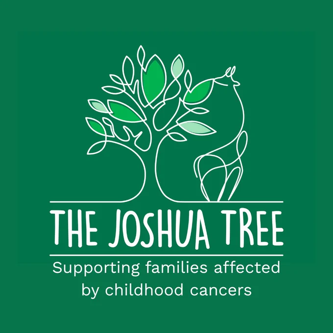The Joshua Tree logo featuring an illustration of a tree against a green background. The tagline underneath the tree says Supporting families affected by childhood cancers.