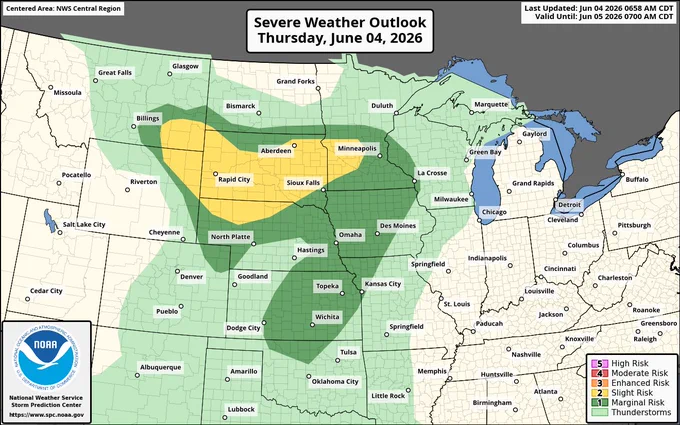 NOAA Storm Prediction Center severe weather outlook for Thursday, June 4, 2026, valid through 7:00 AM CDT on June 5. A yellow “slight risk” area for severe thunderstorms stretches from eastern Montana and northeastern Wyoming across western and central South Dakota into southern Minnesota, including areas near Billings, Rapid City, Aberdeen, Sioux Falls, and west of Minneapolis. A broader dark green “marginal risk” area surrounds the slight-risk region and extends southward through Nebraska, Kansas, and parts of Oklahoma, while reaching east into Iowa and southern Minnesota. Light green shading indicates a wider thunderstorm area covering much of the northern Plains, Upper Midwest, and portions of the central Plains. Major cities labeled include Billings, Rapid City, Aberdeen, Sioux Falls, Minneapolis, Omaha, Des Moines, Kansas City, Wichita, Dodge City, and Denver. Most of the eastern United States is outside organized severe weather risk areas. NOAA branding and the severe weather ri