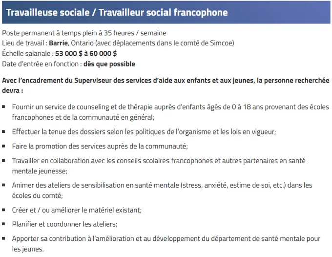 Job posting for a full-time French-speaking social worker in Barrie, Ontario, offering $53,000 to $60,000 annually with duties including counseling youth and community outreach.