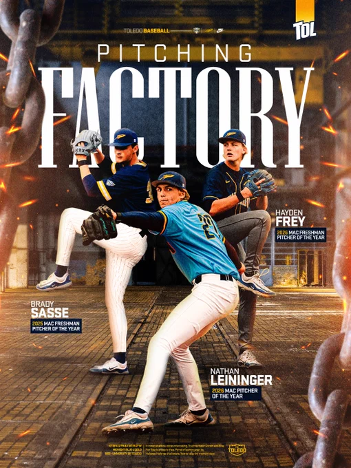 Pitching Factory graphic showing Brady Sasse as the 2025 MAC Freshman Pitcher of the Year, Nathan Leininger as the 2026 MAC Pitcher of the Year and Hayden Frey as the 2026 MAC Freshman Pitcher of the Year