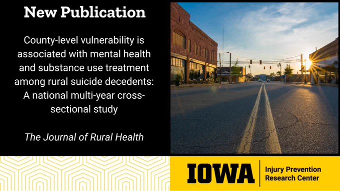 New Publication. County-level vulnerability is associated with mental health and substance use treatment among rural suicide decedents: A national multi-year cross-sectional study. The Journal of Rural Health.
Photo of a rural downtown
Logo of the University of Iowa Injury Prevention Research Center
