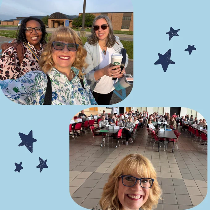 Two photos are arranged on a light blue background with decorative navy stars. In the top left photo, Dr. Murawski stands outside of a school with Ms. Fritzgerald and Ms. Kramer smiling and taking a selfie picture. On the bottom right, is another selfie taken by Dr. Murawski, this time with a large group of educators sitting at long, rectangular tables in the background. Everyone is smiling. 