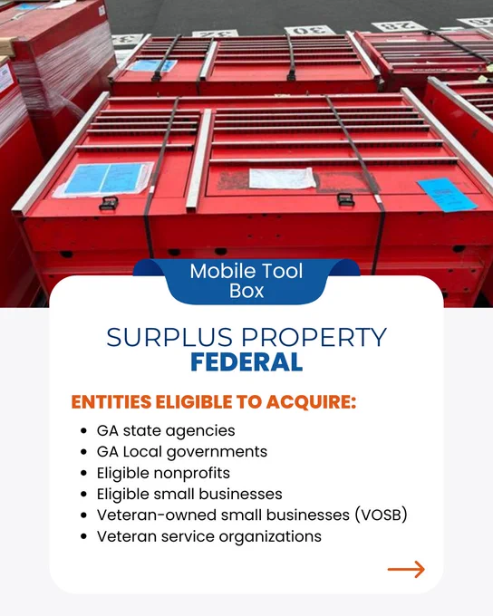 Graphic contains image of a red mobile tool cabinet. The graphic also contains a list of the type of entities eligible to acquire the item. 