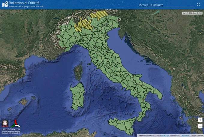 Mappa bollettino di criticità per venerdì 5 giugno che indica Allerta GIALLA meteo-idro su parte di Lombardia e provincia Autonoma di Bolzano.