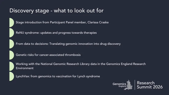 A list of 6 key talks on the Discovery stage at the Genomics England Research Summit 2026.