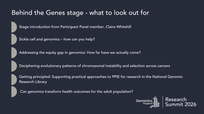 A list of 6 key talks on the Behind the Genes stage at the Genomics England Research Summit 2026.