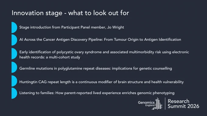 A list of 6 key talks on the Innovation stage at the Genomics England Research Summit 2026.