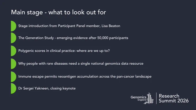 A list of 6 key talks on the Main stage at the Genomics England Research Summit 2026.