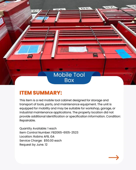 Graphic contains image of a red mobile tool cabinet. The graphic also contains written information about the item including the price of $50.00 each and the items location which is Robins AFB, GA.  