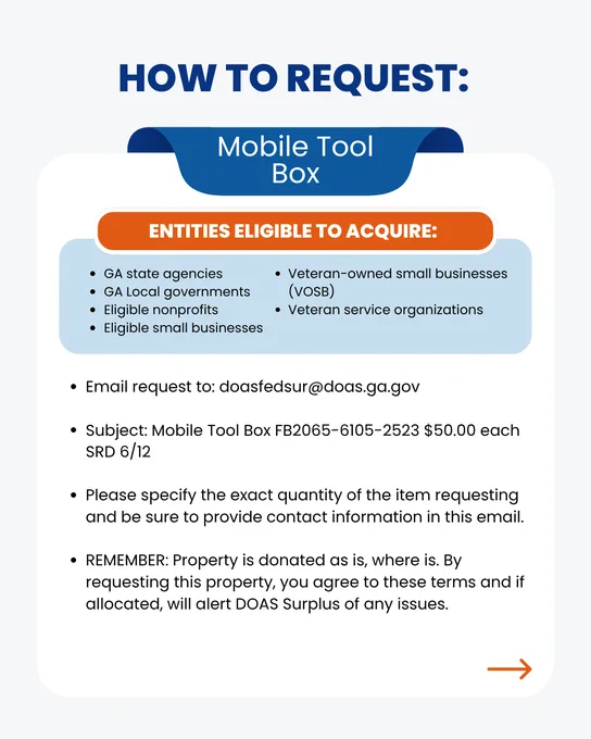 The graphic contains written information about the item and how to request it from DOAS Surplus. To request, interested parties must email doasfedsur@doas.ga.gov with the item name in the subject line. This item must be requested by June 12. 