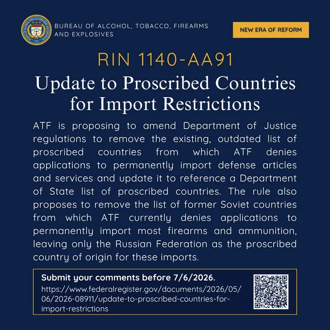 Bureau of Alcohol, Tobacco, Firearms and Explosives announces update to proscribed countries for import restrictions, focusing on removing outdated lists and revising regulations.