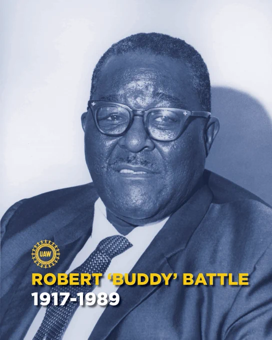 UAW graphic, featuring a photo of Robert 'Buddy' Battle. 