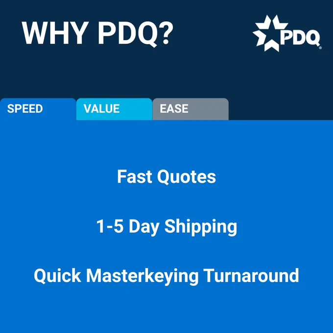 PDQ brand promotional graphic titled "Why PDQ?" with three category tabs — Speed, Value, and Ease. The Speed tab is active, highlighting three benefits: Fast Quotes, 1-5 Day Shipping, and Quick Masterkeying Turnaround. Dark navy header with blue content area and PDQ star logo in the upper right.