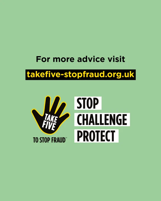 Take Five to Stop Fraud campaign logo with website and key actions: Stop, Challenge, Protect.