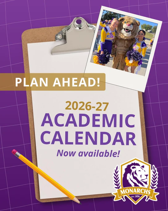 Clipboard with a 2026-27 academic calendar announcement and a pencil on a purple grid background featuring the Denison logo and cheerleaders in a photo.
