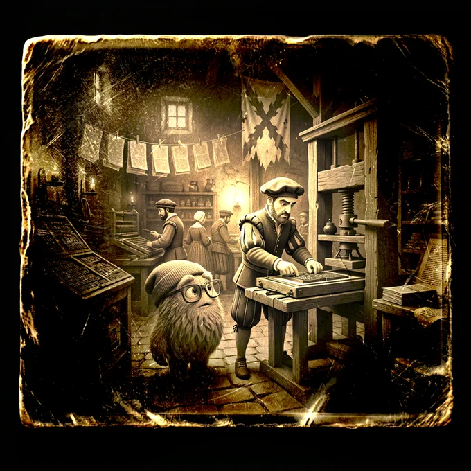 A hairy alien in a beanie and glasses observes a worker at a Spanish printing press in the 1518.