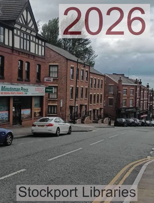 Street view with buildings, cars, and the text '2026' and 'Stockport Libraries'.