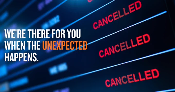 Flight departure board showing multiple flights marked as CANCELLED with a message about support during unexpected events.