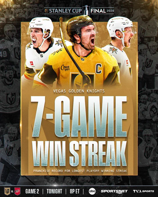 Cutouts of Mitch Marner, Mark Stone, and Jack Eichel with text that reads, \"7-game win streak. Franchise record for longest playoff winning streak\". 