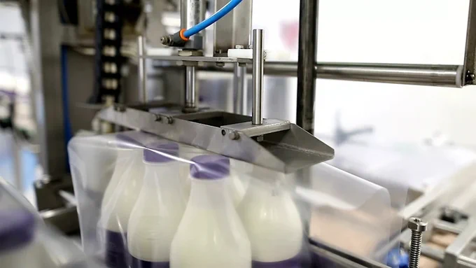 Image of a sixpack of milk bottles on a packaging line. 

Image source: Constantinis / Creatas Video via Getty Images Plus

