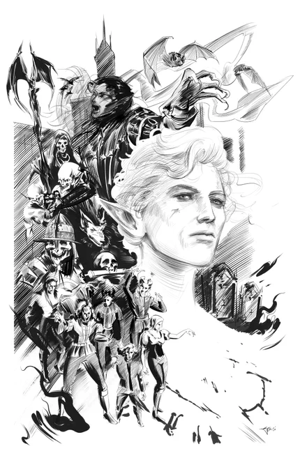 Astarion depicted in the center, with his siblings and Cazador and characters from his sidequest surrounding him (and drawn with a black inky brush) on the left. Above them is the Szarr palace with the nautiloid floating and bats flying out