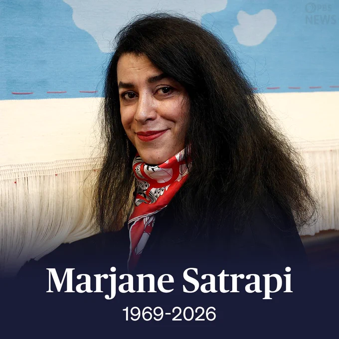 An image of a women in a redish/pinkish scarfing looking directly at the camera. Below her photo is the text: "Marjane Satrapi, 1969-2026." 