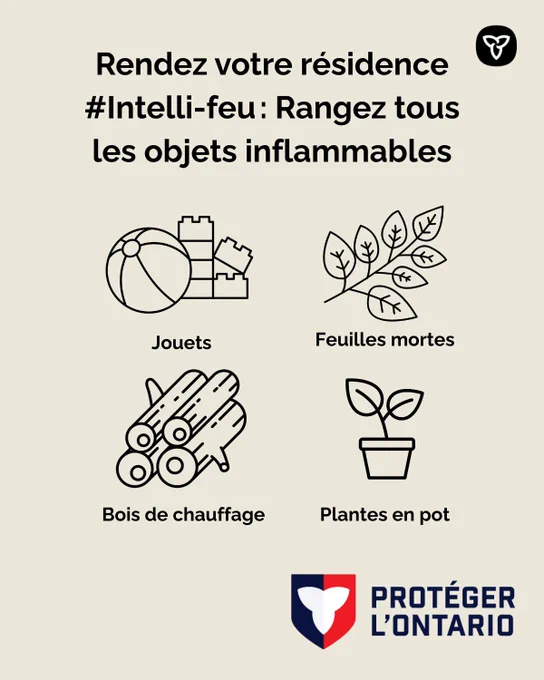 Image représentant des jouets, des feuilles, du bois de chauffage et une plante. 

Texte : Rendez votre résidence #Intelli-feu : Rangez tous les objets inflammables. Jouets, feuilles mortes, bois de chauffage, plantes en pot. 
