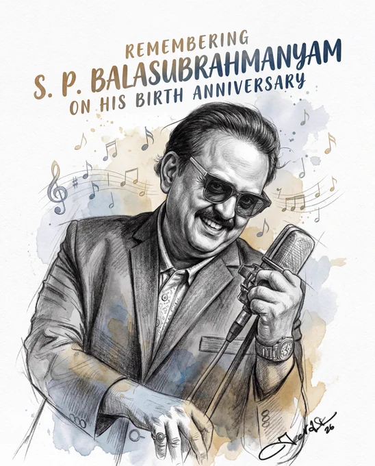 Happy Birthday S.P. Balasubrahmanyam Digital Pencil Art with Watercolor Tribute 2026
#SPBalasubrahmanyam #SPB #HappyBirthdaySPB #SPBTribute #LegendarySinger #IndianPlaybackSinger #DigitalPencilArt #WatercolorArt #DigitalPainting #SPBMemories #MusicLegend #TamilMusic #TeluguMusic #KannadaMusic #MalayalamMusic #IndianMusic #BirthdayTribute #PortraitArt #Art2026 #TributeArt 