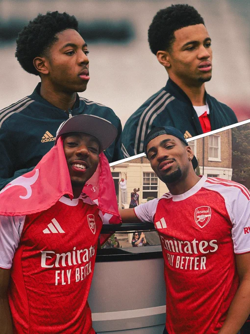 A split image of Myles Lewis-Skelly Ethan Nwaneri when they were in Hale End academy together and them both at the champions parade in present day