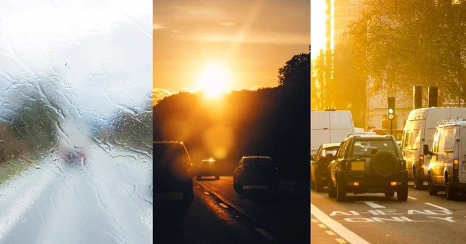 Three images side by side. The first shows a car windscreen covered with raindrops blurring the view of the road. The second shows sun glare on the horizon over cars on the road. The third shows cars in traffic on a road.
