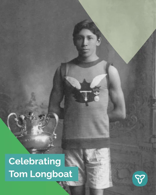 Copy: Celebrating Tom Longboat  
Alt text: Photo of Tom Longboat with the Ward Marathon Trophy in 1907