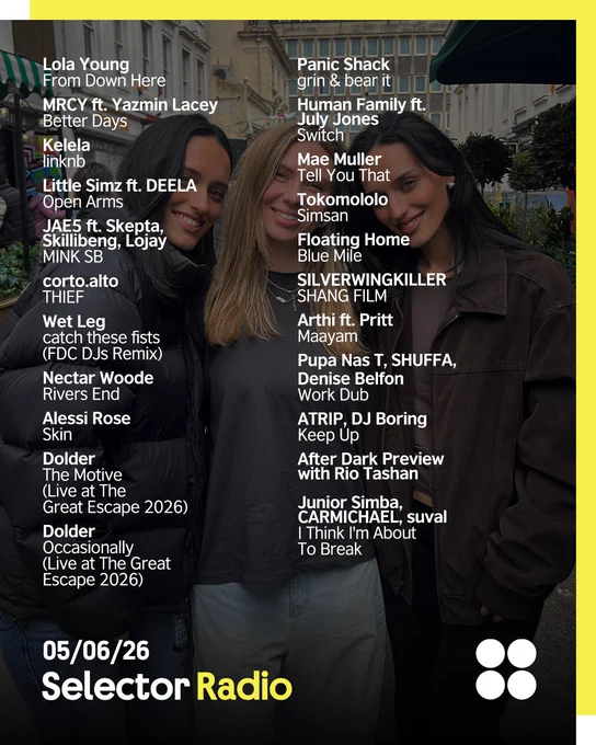 "Three women, the duo Dolder are either side of presenter Sian, are smiling and posing together outdoors. Dolder, Dani and Zara are identitical twins. They are standing in a street with buildings and greenery in the background. The leftmost woman is wearing a black puffer jacket, the middle woman is in a gray top, and the rightmost woman is dressed in a brown jacket. The image has a yellow border with the text ""Selector Radio"" in the bottom left corner. The image is overlaid with a tracklist of artists and songs for Selector Radio dated 25/06/26. Tracklist in white reads: 
Lola Young - From Down Here
MRCY ft. Yazmin Lacey - Better Days
Kelela - linknb
Little Simz ft. DEELA - Open Arms
JAE5 ft. Skepta, Skillibeng, Lojay - MINK SB
corto.alto - THIEF
Wet Leg - catch these fists (FDC DJs Remix)
Nectar Woode - Rivers End
Alessi Rose - Skin
Dolder - Occasionally (Live at The Great Escape 2026)
Dolder - The Motive (Live at The Great Escape 2026)
Panic Shack - grin & bear it
and more