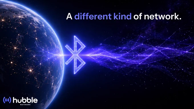 Graphic showing Earth connected to a glowing Bluetooth symbol with streams of digital data extending into space, illustrating Hubble Network’s Bluetooth-to-space connectivity architecture.