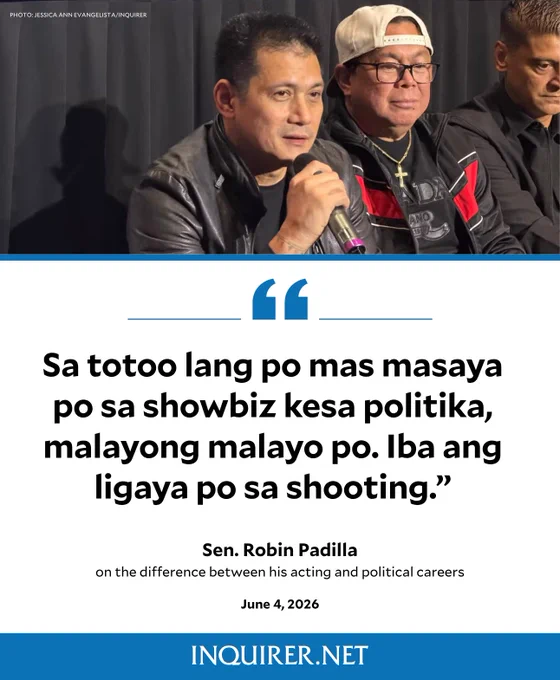 Sen. Robin Padilla reflected on the difference between showbiz and politics during the advance screening of his comeback action film “Bad Boy 3,” just hours after figuring in a commotion with DILG Secretary Jonvic Remulla at the Senate.
