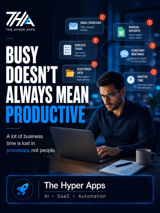 Business productivity graphic highlighting the difference between being busy and being productive, with a focus on workflows, operational efficiency, and automation.
